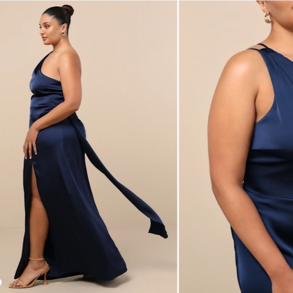 LULU's Sexy Prom Wedding Bridesmaid Chic Flirty Satin One Shoulder Elegant Maxi - Picture 6 of 7